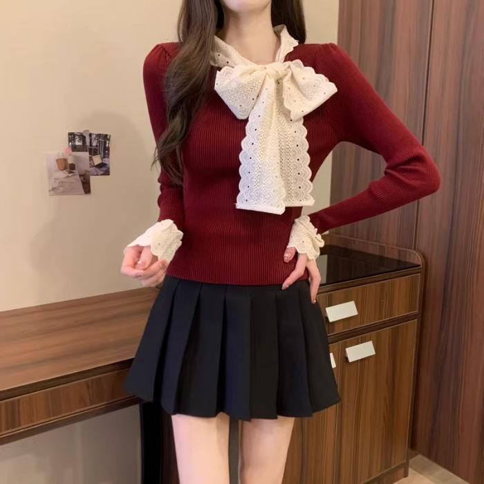 Bow Knitted Sweater Women's Autumn and Winter New Slim-fit Inner Design Bottoming Shirt Atmosphere Wear Top