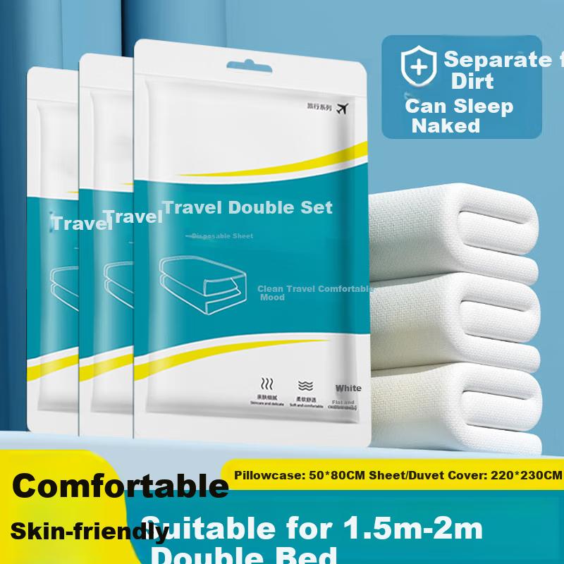 Disposable Four-Piece Bedding Set: Bedsheet, Duvet Cover, Pillowcases for Travel, Hotel, Tourism, Double Bed, Portable
