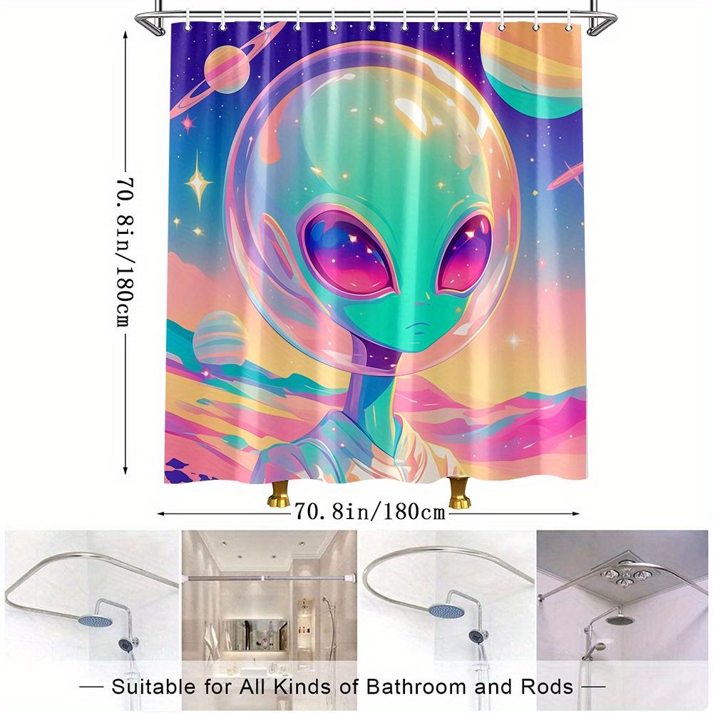 1Pc Colorful Alien Space Shower Curtain - Vibrant Cosmic Design With Planets & Stars, Durable Polyester Fabric, 70.8X70.8 Inches