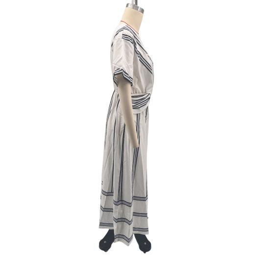Maxi Robe d'Été pour Femmes Rayée Manches Courtes Col en V Robe évasée Décontractée Vacances à la Plage Fluide Robe d'été coupe A