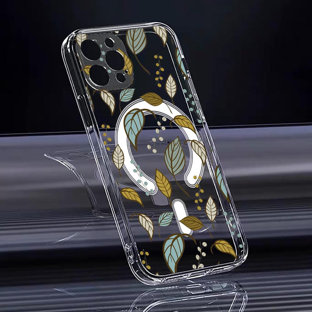 Luxury Leafs Phone Case For iPhone 17 16 15 14 13 12 Pro Max Plus With Magnetic Crystal Clear Case Wireless Charge