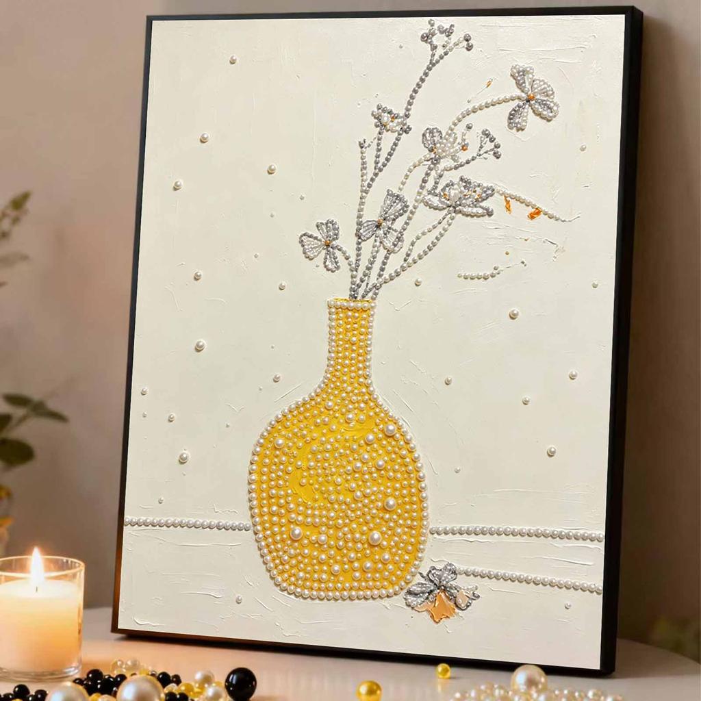Yellow Vase with Flowers Pearl Art Kit with Frame 3D Sparkling Canvas Painting Elegant Luxury Room Wall Decor Art Gift for Home Decoration
