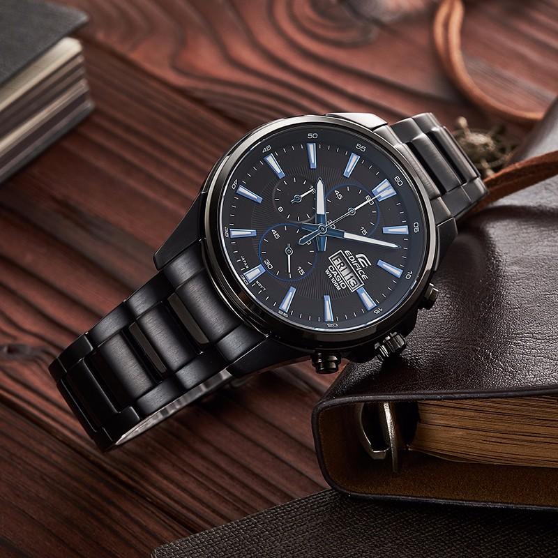Casio EDIFICE Series Heart of Darkness All Black IP Coated Three Eyes Waterproof Casual Watch Quartz Movement Stainless Steel Strap EFB-509DC-1A