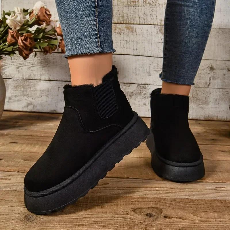 Cotton Boots Winter Women Short Plush Warm Snow Boots Casual Shoes for Women Suede Fur Chelsea Ankle Boots Flats Platform Shoes