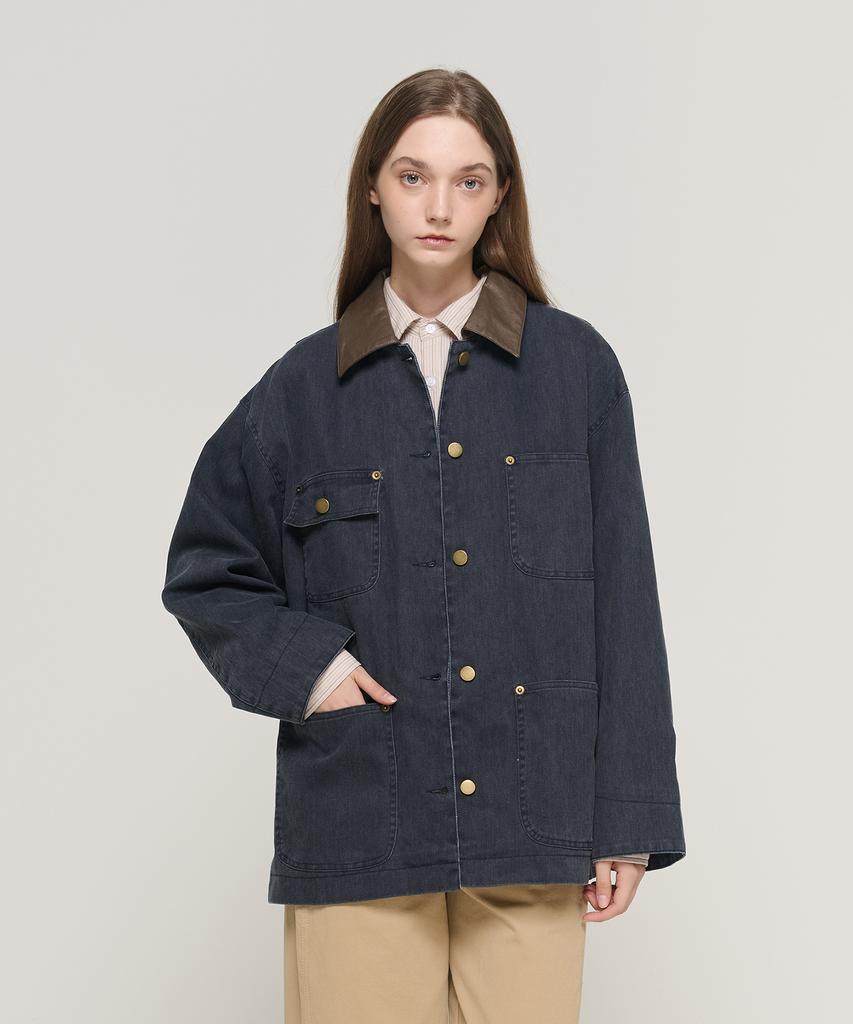 Cargobros For Woman Contrast Collar Pocket Work Denim Jacket (Dark Blue)