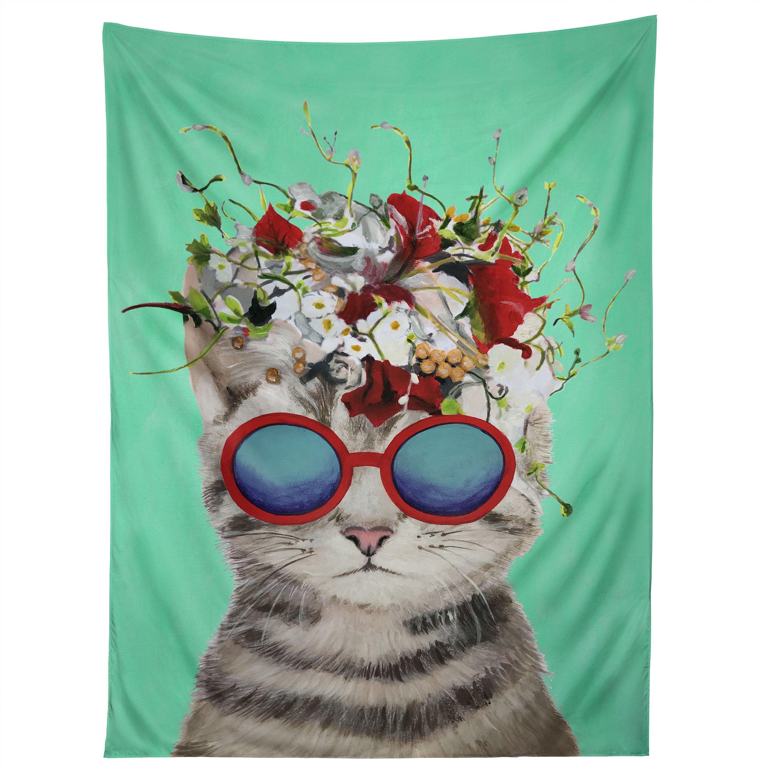 FLOWER POWER CAT TURQUOISE tapestry 75x100