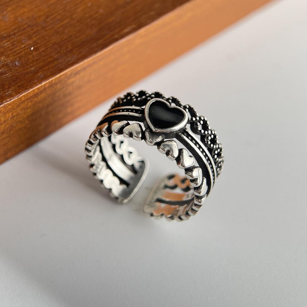 925 Sterling Silver Rings For Women Geometric Fine Jewelry Finger Adjustable Black Heart Stone Ring For Party Birthday Gift