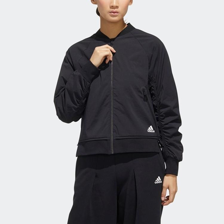 Adidas Bomber Logo Wrinkled Solid Loose Sports Jacket Women Jacket Black FU6230