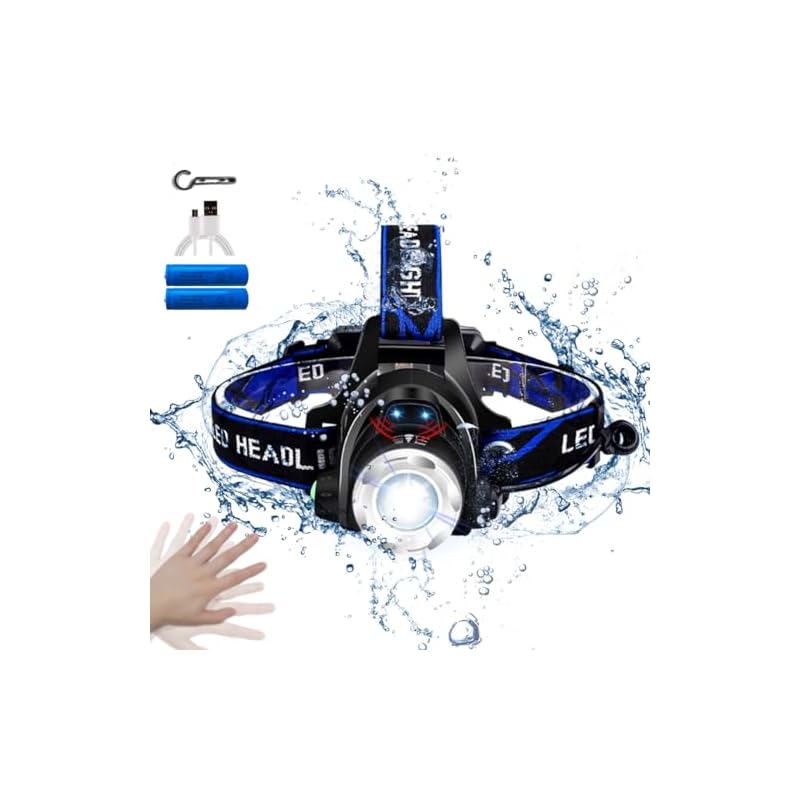 USB Rechargeable LED Headlamp, High-Brightness CREE L2 Headlamp, 1800 Lumens, Motion Sensor, IPX6 Waterproof, Zoom Function, 120° Adjustable Angle,