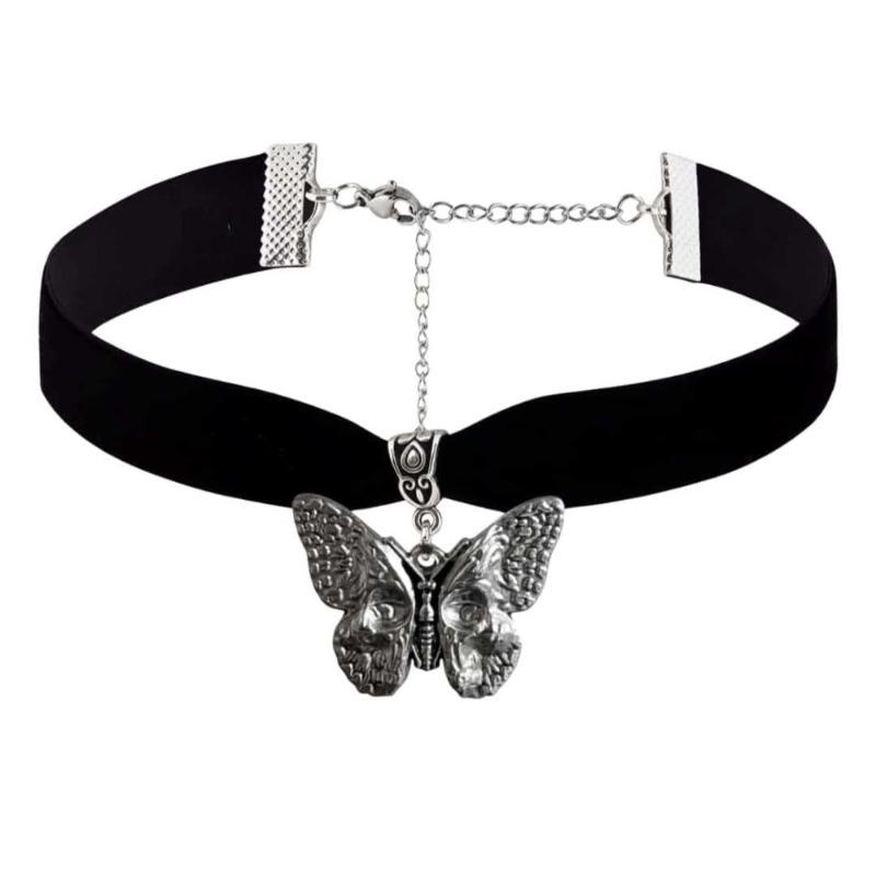 Gothic Dark Romantic Oxidized Silver Skull Butterfly Pendant Adjustable Black Deep Red Velvet Chokers Necklace for Woman Jewelry