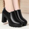Round Toe Deep Mouth Single Shoes High Heels Thick Heels Versatile Spring Autumn Thick Sole Waterproof Platform Leather Shoes