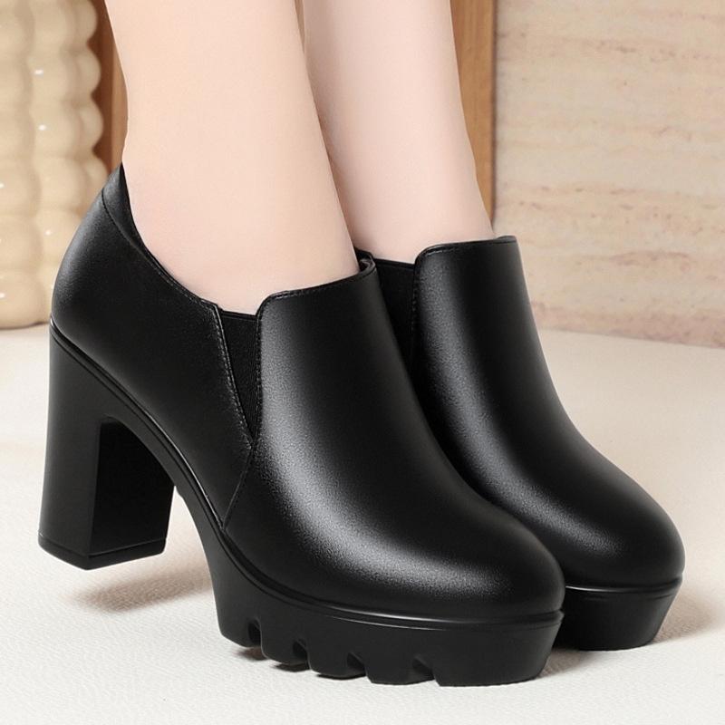 Round Toe Deep Mouth Single Shoes High Heels Thick Heels Versatile Spring Autumn Thick Sole Waterproof Platform Leather Shoes