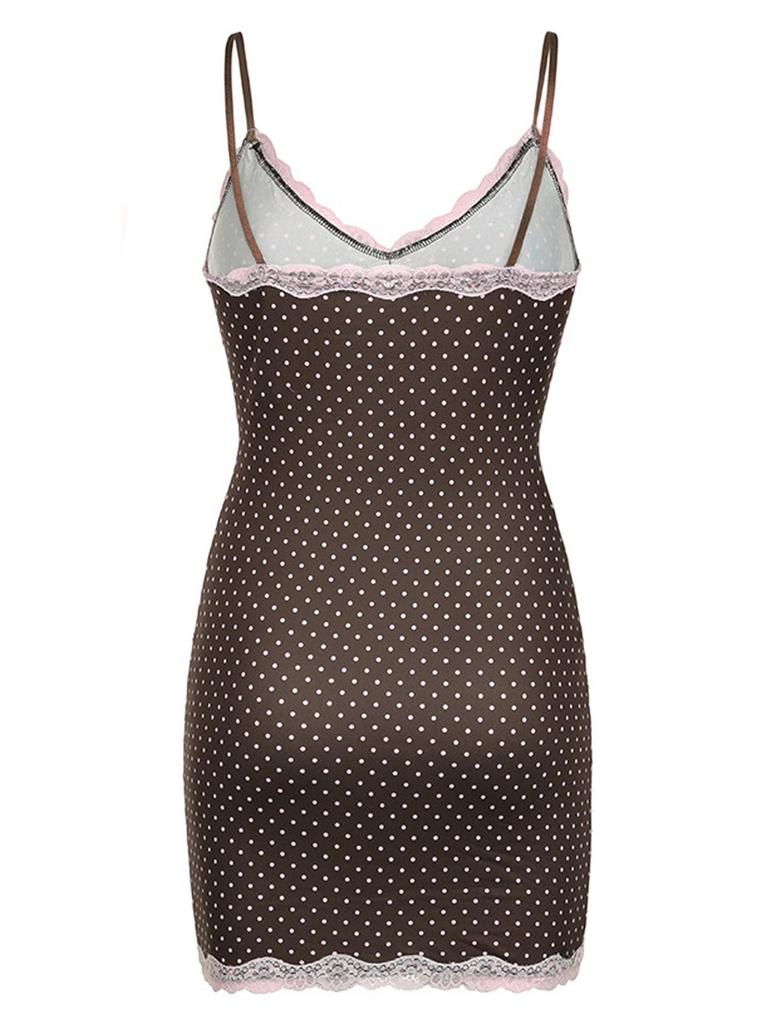 French Retro Polka Dot Lace V-Neck Camisole Dress - High Waist, Figure-Hugging Mini Skirt