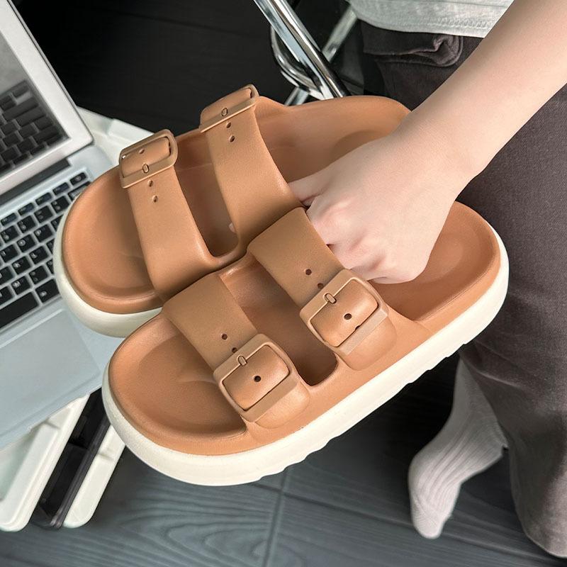 Thick Soled Height Increasing Slippers for Women In Summer, Two Tone Slippers for Outdoor Wear, Trendy Beach Anti Slip, Double Button, Straight Drag