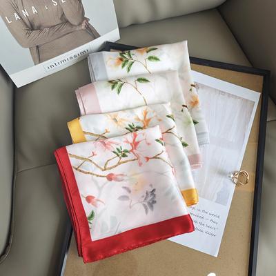 Silk Scarf Neck Small Square Scarf Light Pink Flower Simulation Silk Scarf Women's Summer Travel with Fresh and Sweet Small Scarf