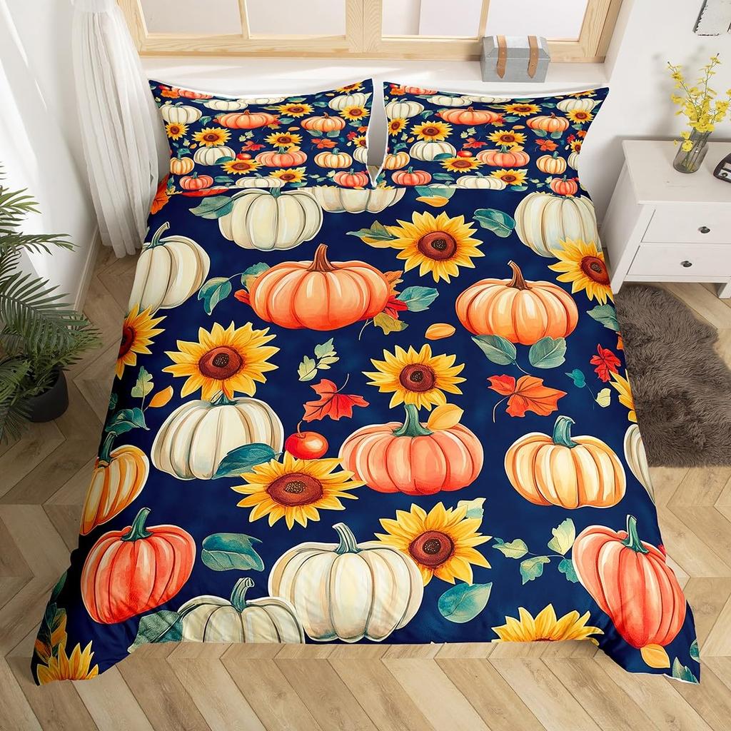 Autumn Pumpkin Soft Duvet Cover Ful Quen Fal Leaves Boho Floral Beding Set Farmhouse Harvest Home Decor,Thanksgiving Comfortable Quilt Cover