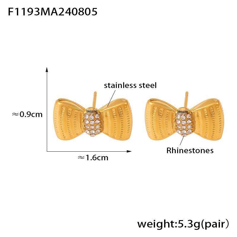 Gold-Plated Zircon Heart Stud Earrings with Pleated Bow Design