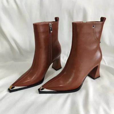 Vintage Braune Damen Stiefeletten Mode Elegant Quadratische Zehenschuhe Herbst Winter Dicke Ferse Damen Kurze Stiefeletten 34-40