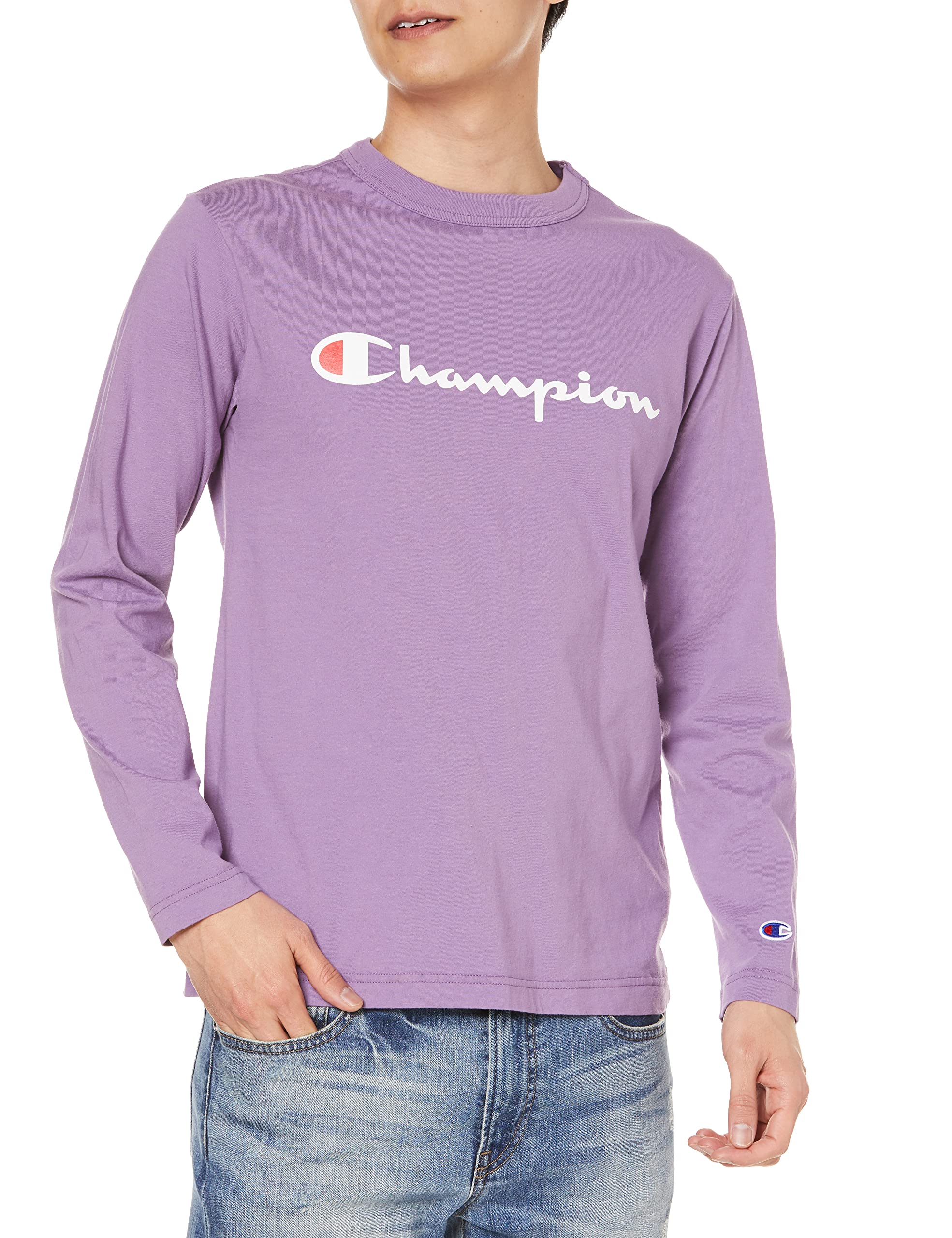 

Champion Long Sleeve Classic Script Logo Size L Men s T-Shirt, 100% Cotton, Print, Violet, (C3-Q401) фиолетовый