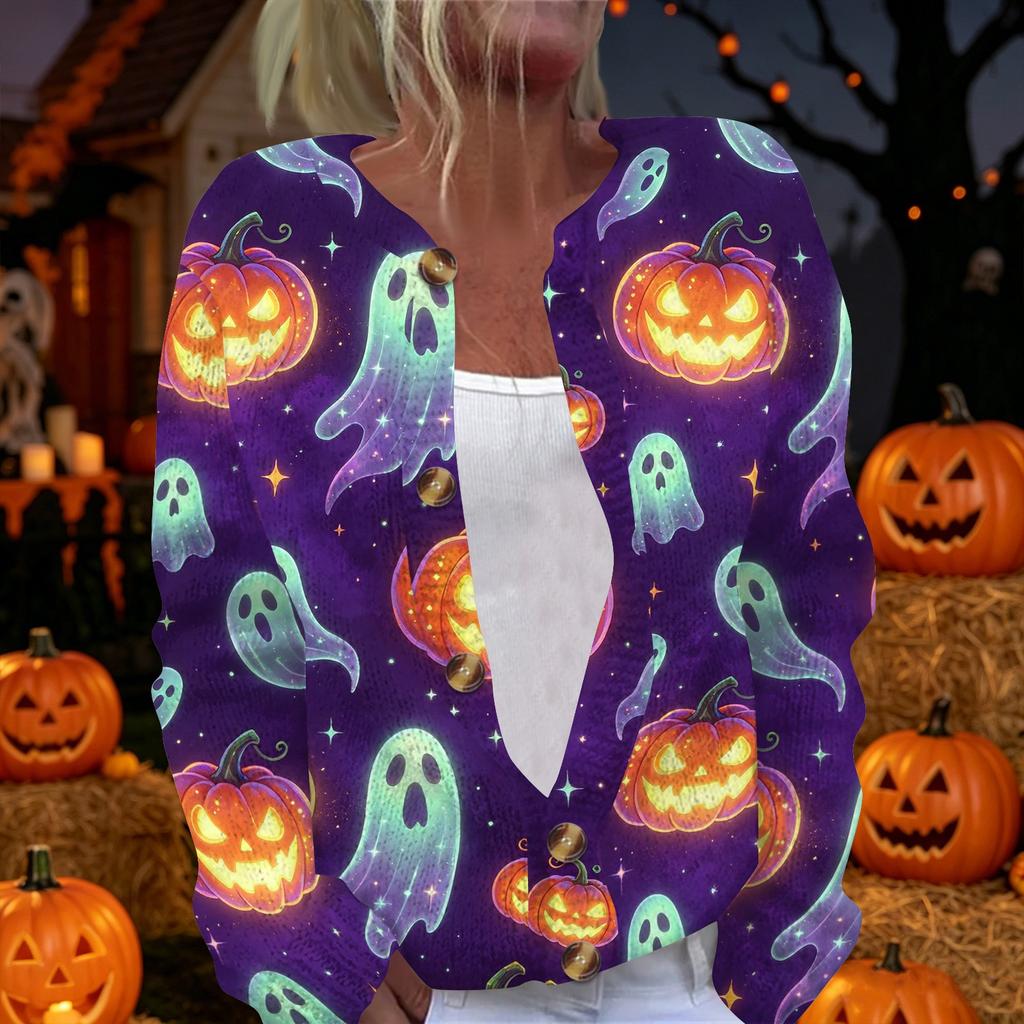 Women's Long Sleeve Knit Cardigan Button Up Sweater Halloween Print Casual Lightweight Outerwear for Fall and Winter