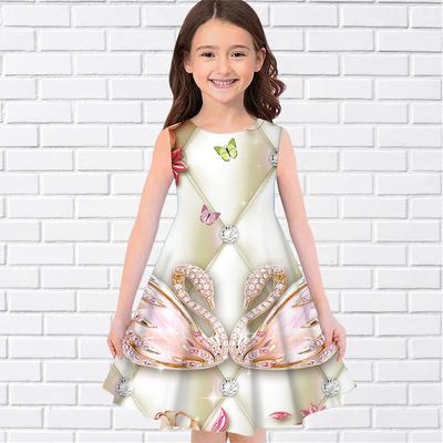 Summer Sleeveless Round-neck Vest Dresses Princess Dresses Cute 3D Printing Swan Pattern Girls' Dresses