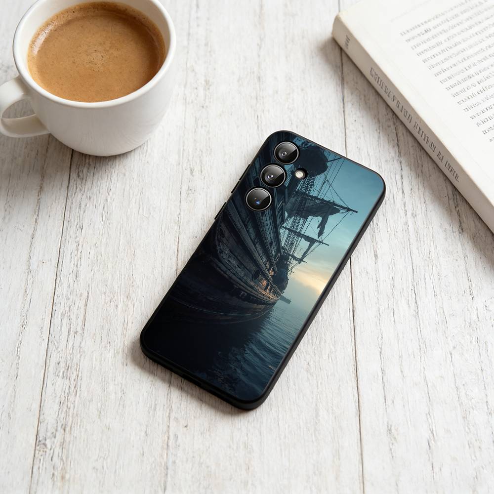 

Vintage pirate ship Phone Case Black Silicone Soft For Samsung Galaxy A73,A72,A71,A70,A53,A52,A51 Samsung a22 4g