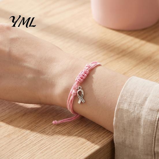 Heart Butterfly Alloy Pendants Breast Cancer Awareness Bracelet for Women, Adjustable Woven String with Comfortable Non Compressive Cord Ribbon Charm,