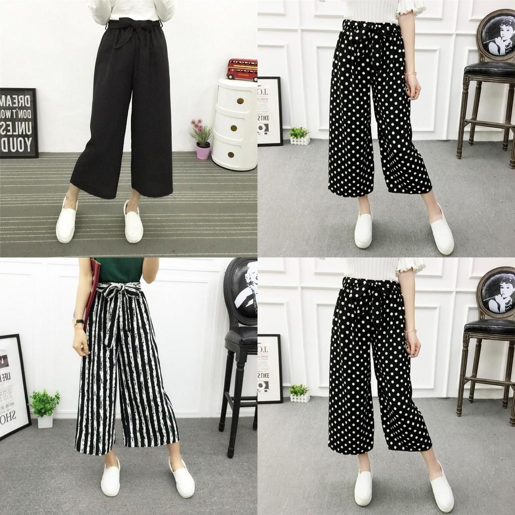 Women Wide Korean Leg High Waist Loose Baggy Casual Striped Crop Trousers Pants