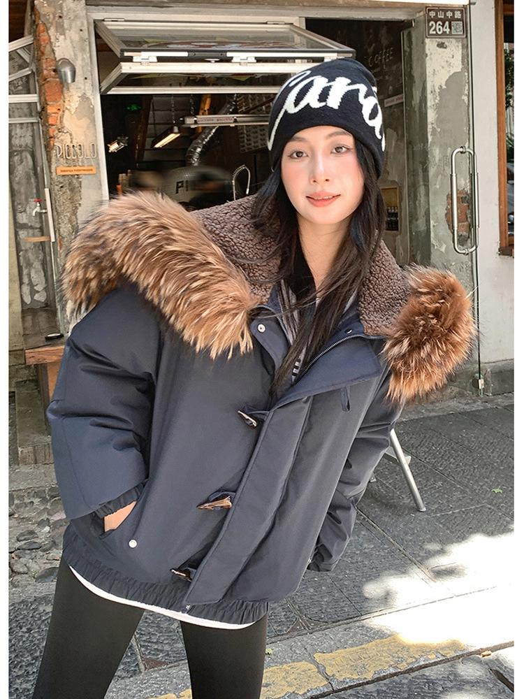 Women’s Short Windproof Thicken Warm Winter Jacket With Big Fur Lapel