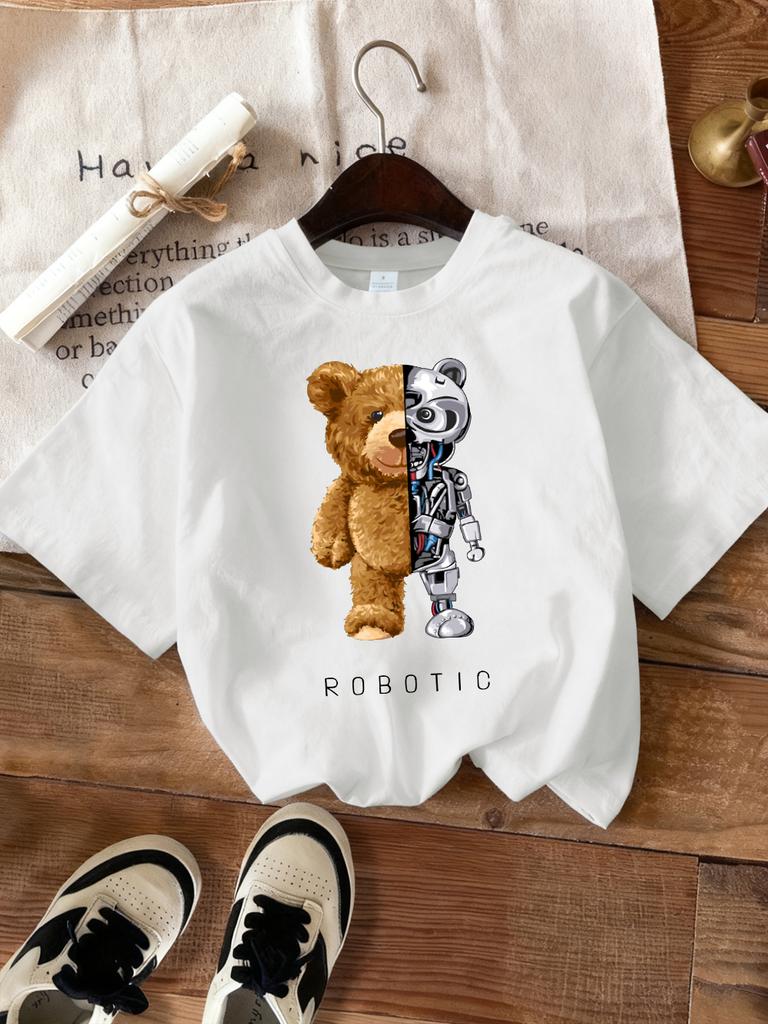 Plush And Robotic Bear Prints T-Shirts Women Casual Loose Short Sleeve Tops Soft O-Neck T Shirt Summer Comfortable Woman Clothes