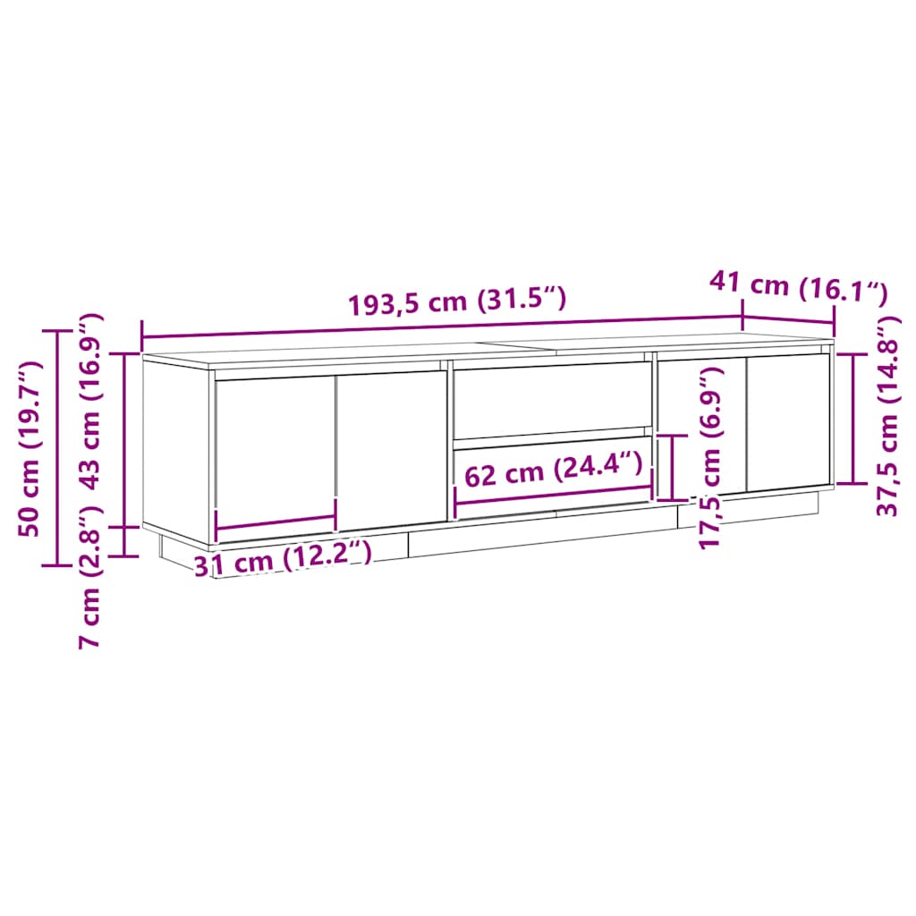 TV Stand with LED Lights White 193.5x41x50 Cm