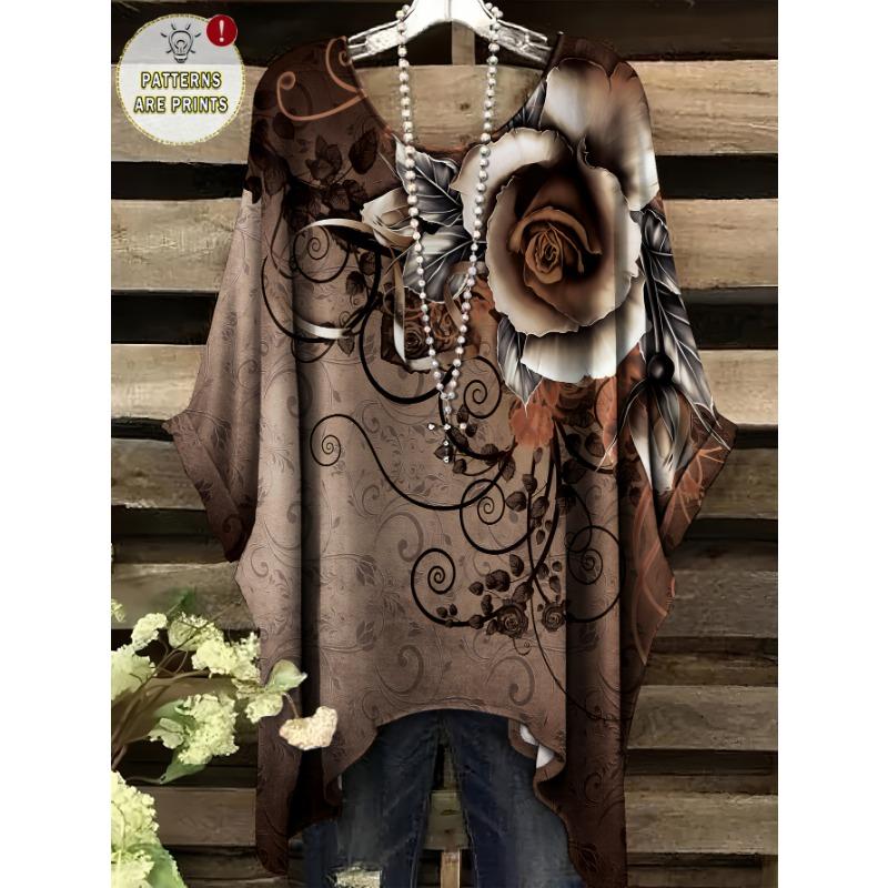 

Ethnic style flower pattern all over printed short sleeves, women s plus size Plus T-shirt, versatile and fashionable round neck loose top 1XL