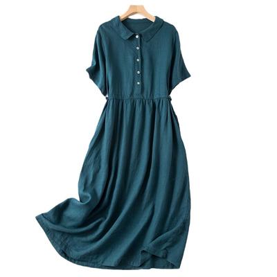 Summer Short Sleeve Shirt Collar Artsy Vintage Loose Single-breasted Skirt