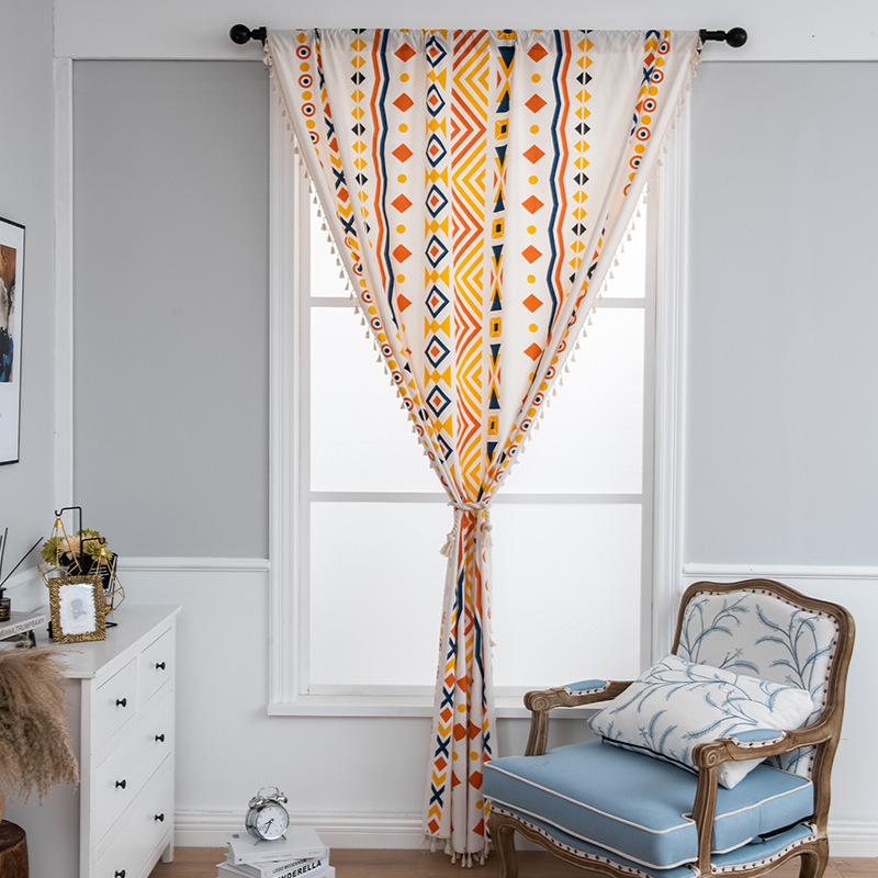 Curtains Finished Cotton And Linen Print Beige Fringed Windows Bohemian Kitchen Bay Windows