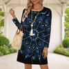 Women Plus Size Dark Purple Round Neck Long Sleeve Halloween Printed A Line Dress