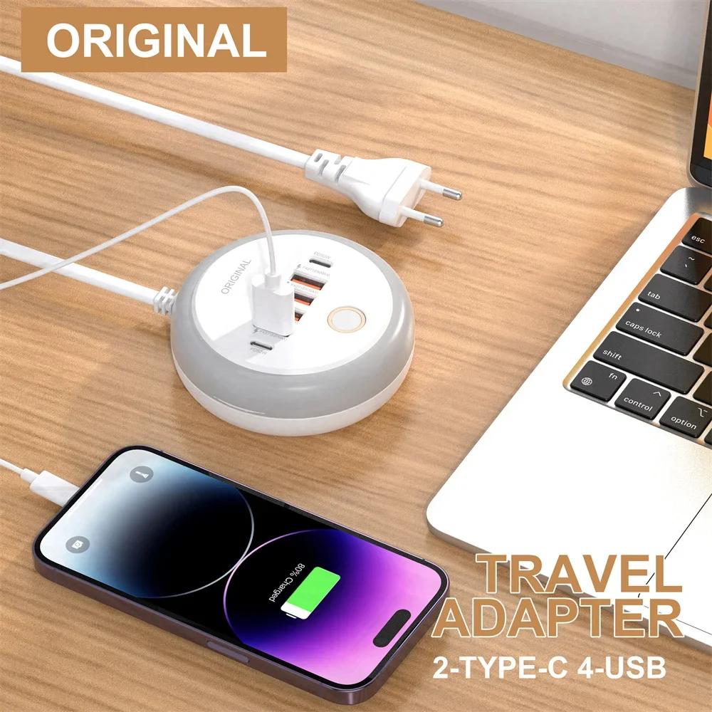 PD 50W Multi Port Charger Type C Fast Charging EU US Plug Wall Charger 6 Port USB Quick Phone Charger With Touch LED/ Fill Light