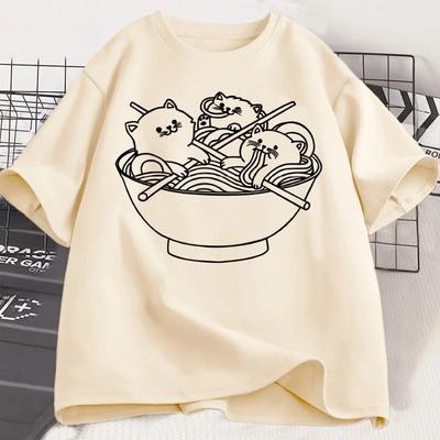 Katzen-Ramen-T-Shirt im japanischen Stil Baumwolle Kurzarm Kawaii Anime T-Shirt Ramen Kätzchen Grafik-T-Shirts Niedliches Essen T-Shirt Kleidung