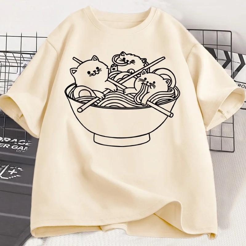 Camiseta Gato Estilo Japonês Ramen Algodão Manga Curta Kawaii Anime Camiseta Ramen Gatinho Camisetas Gráficas Camiseta Bonita de Comida Roupas