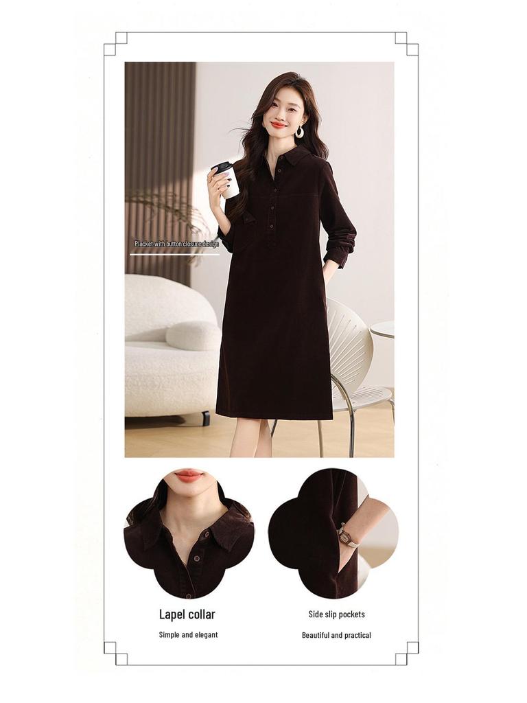 Women's Spring/Autumn Corduroy Long Sleeve Shirt Dress - Slimming, Age-Reducing Fit