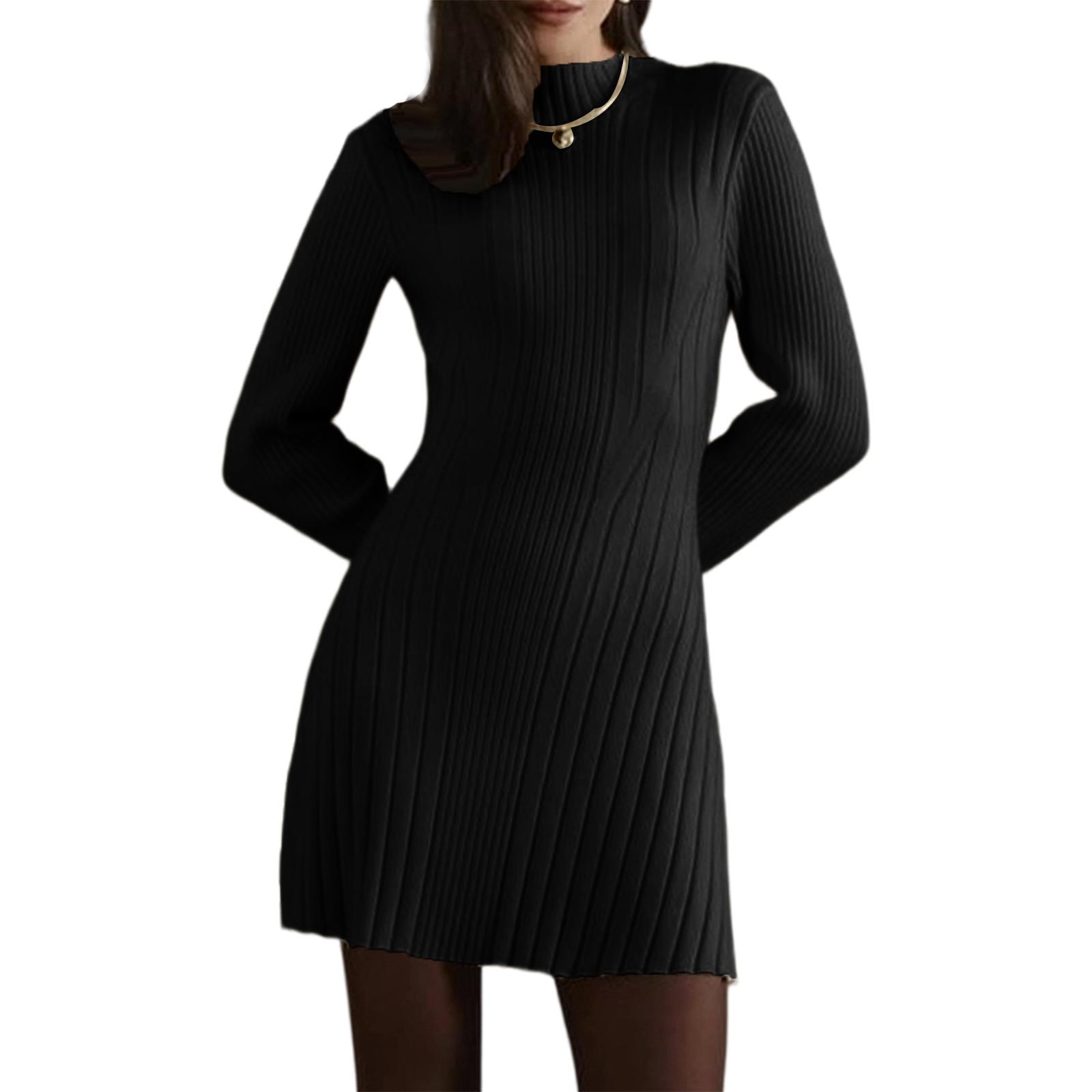 

Women s Long-Sleeve Half-High Neck Elegant Playful A-Line Knit Dress L чорний