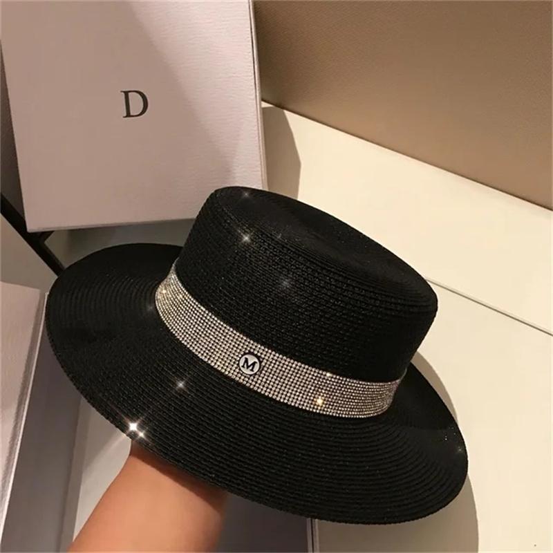 Boater Straw Hat wide brim French elegant square ribbon women's sun hat holiday straw hat