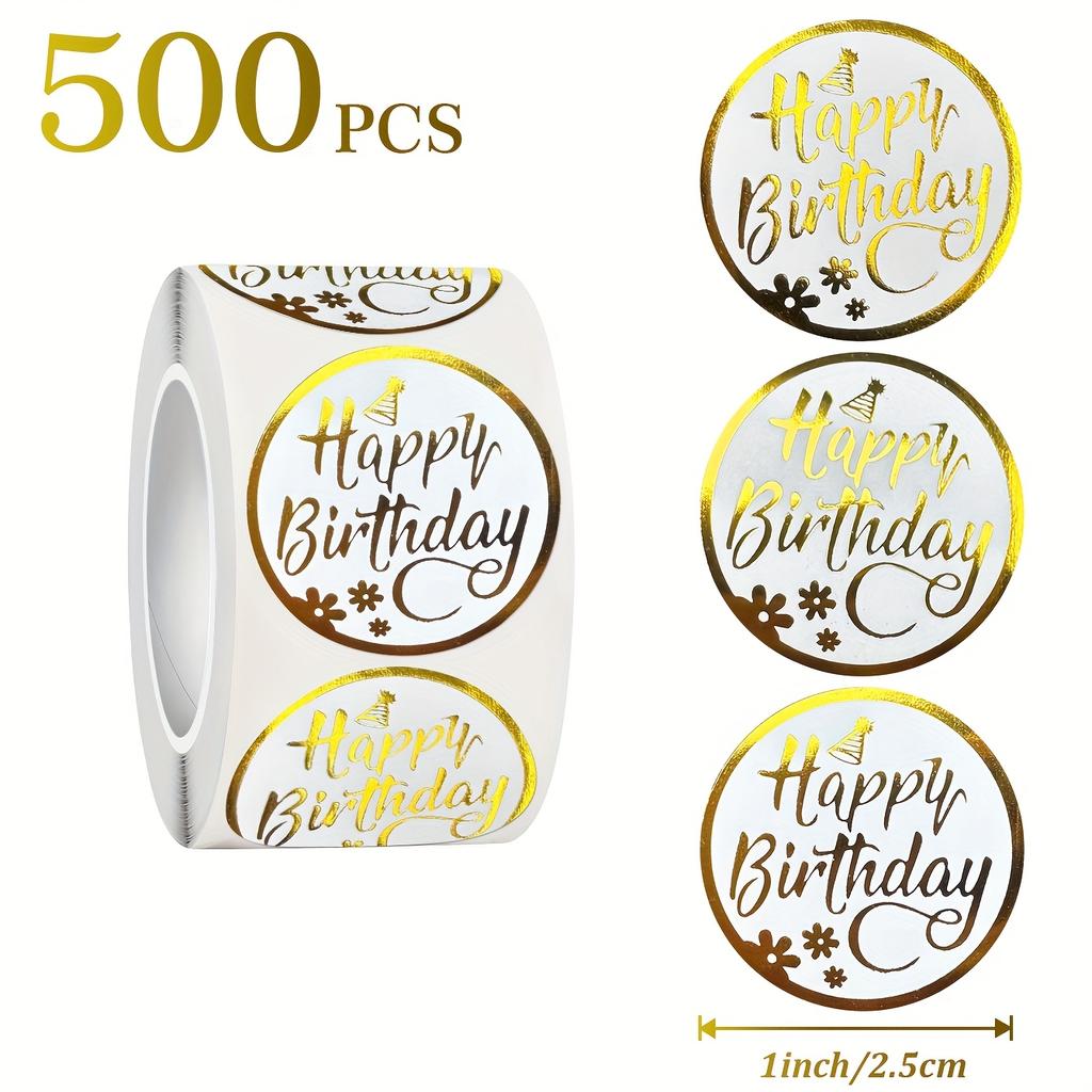 Golden Happy Birthday Stickers, PVC Material, Round, Party Favor, Gift Sealing, Self-Adhesive Label Stickers, for Home, Office, School