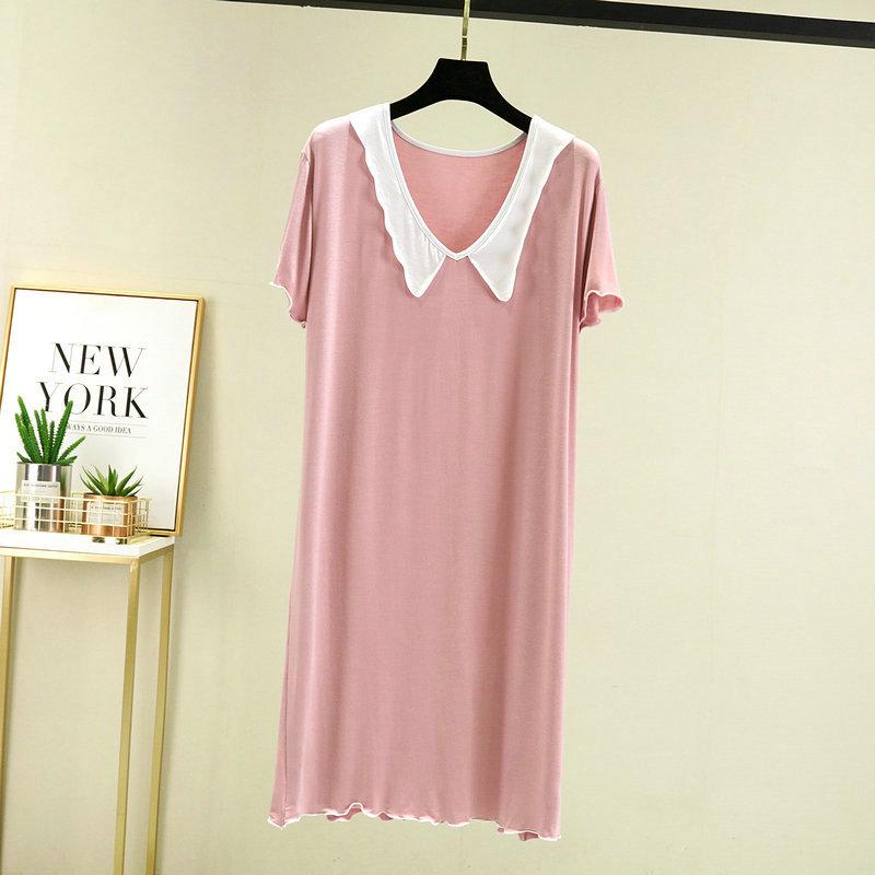 Modal Cotton Doll Collar Nightdress - Short Sleeve, Medium-Long, Loose Fit for Women