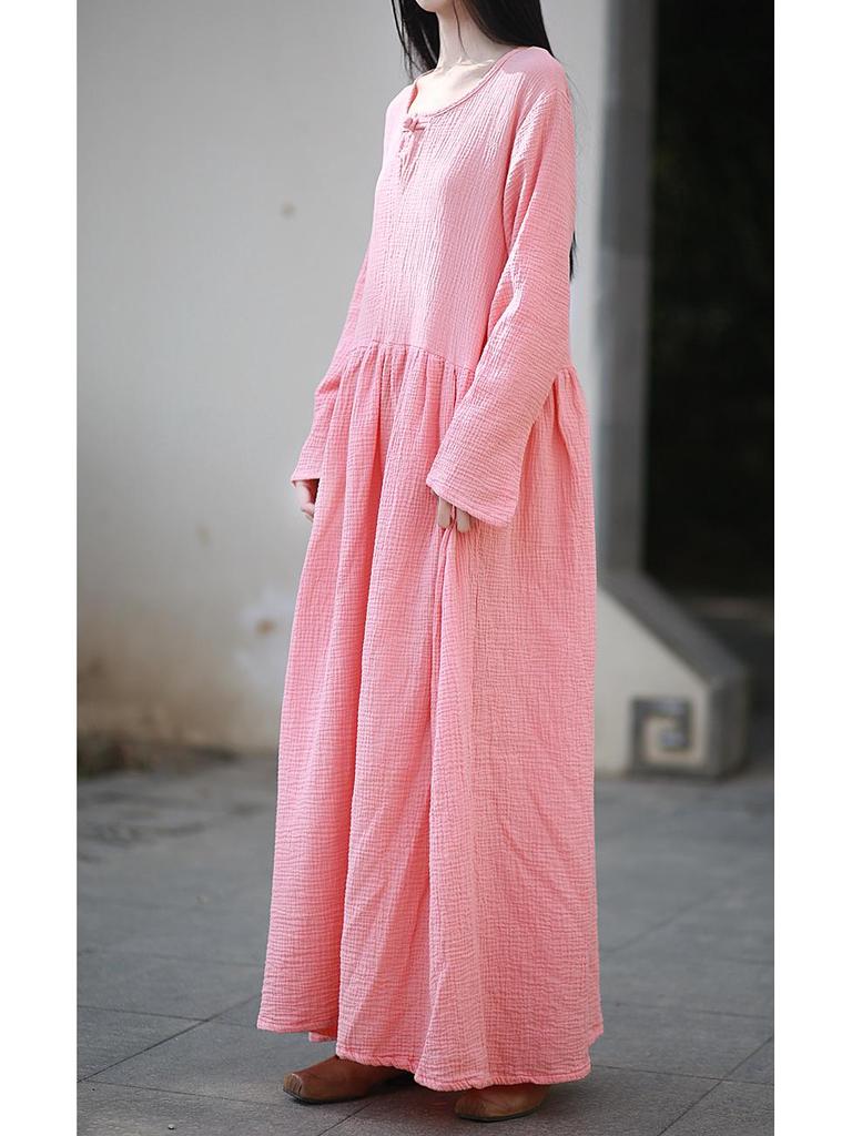 Women's Double-Layer Cotton and Linen Retro Long Dress - Cool, Gentle Style, Available In 4 Colors