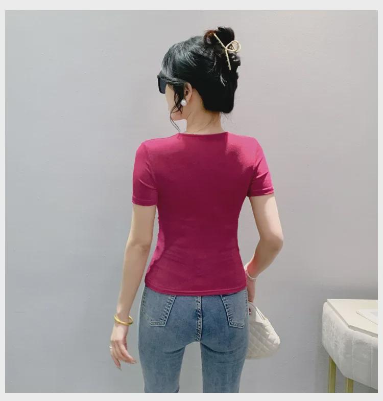 2024 Sommer V-Ausschnitt Slim Kurzarm Mesh T-Shirt Pullover für Damen