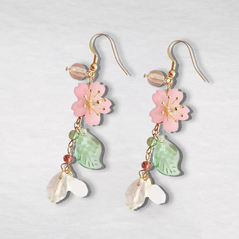 Romantic Elegant Cherry Blossoms Flower Earrings For Women Pink Petals Sakura Long Tassel Drop Earring Dangle Earrings pendiente