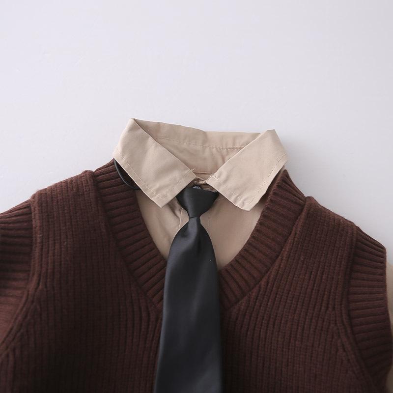 2026 Spring Children's Knit Vest & Long Sleeve Three-Piece Set - Korean Style Fashion for Boys