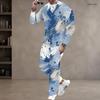 Men S Plus Size Blue Beige White Printed Two Piece Set Round Neck Long Sleeve Top Cuffed Pants