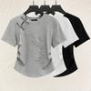 Beautiful Embroidery Button Tee Women's Short Sleeve Cotton Shirt