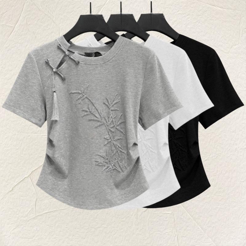 Beautiful Embroidery Button Tee Women's Short Sleeve Cotton Shirt